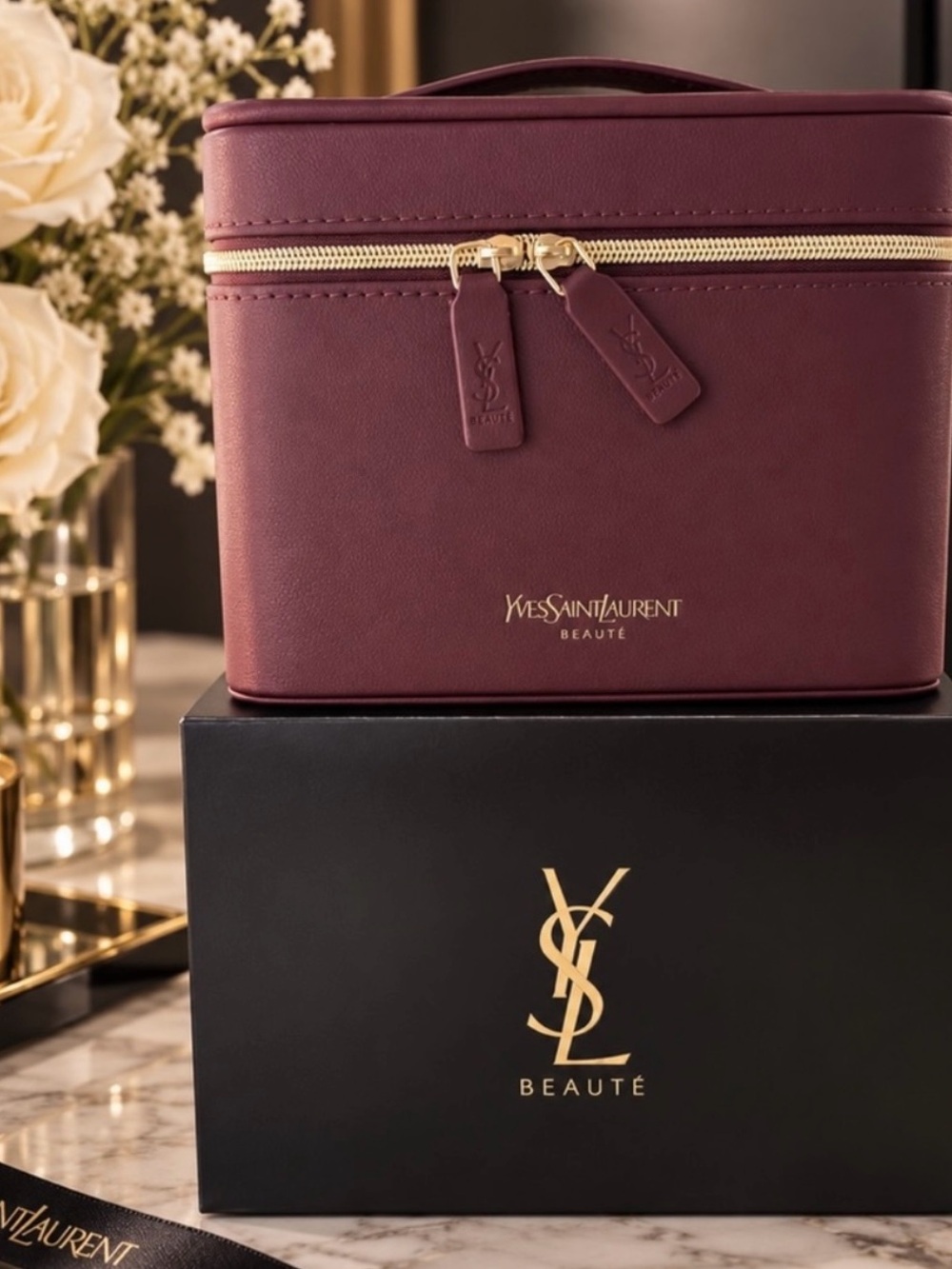 Yves Saint Laurent Wine Burgundy Leather Cosmetic Case with Gold Hardware